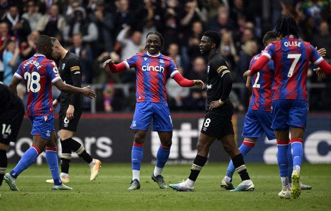 Eberechi Eze celebrates scoring Crystal Palace's first goal against Bournemouth, at Selhurst Park, London.