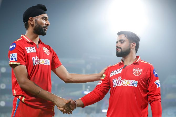 Prabhsimran Singh and Harpreet Brar, the heroes of Punjab Kings's victory over Delhi Capitals in Saturday's IPL match in Delhi.