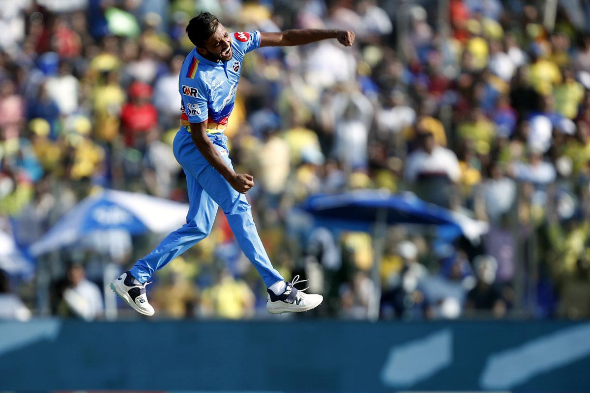 Chetan Sakariya celebrates the wicket of Ruturaj Gaikwad