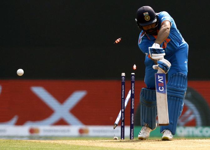 Rohit Sharma is bowled out by Sri Lanka's Dilshan Madushanka