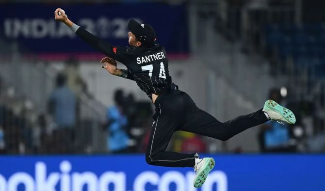 Mitchell Santner grabs a catch out of thin air  dismiss the Afghanistan skipper Hashmat Shahidi in their ICC Men's Cricket World Cup 2023 clash in Chennai.