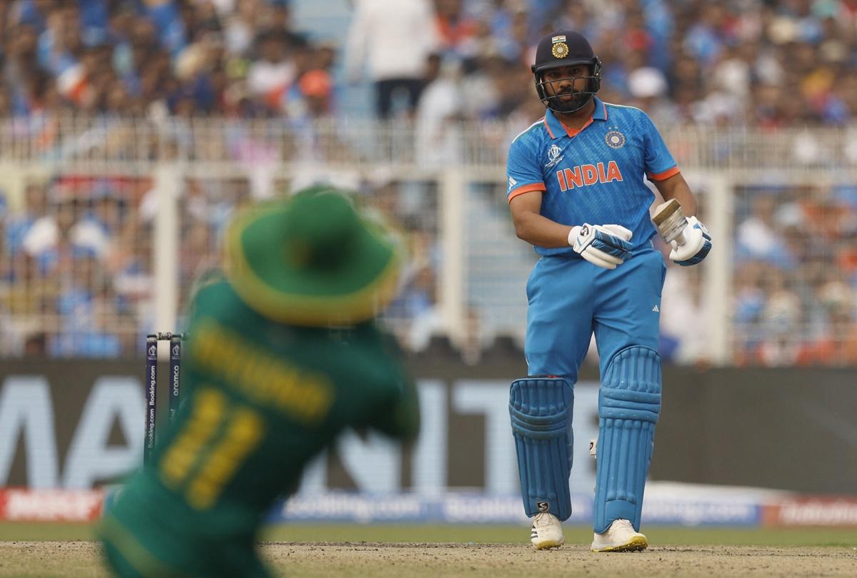 Rohit Sharma watches anxiously as South Africa skipper Temba Bavuma takes the catch to dismiss him.