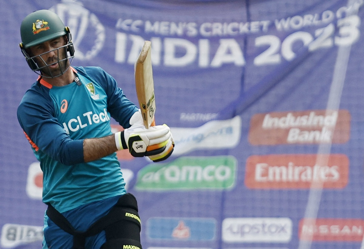 Glenn Maxwell bats during Australia's nets session at the Wankhede stadium in Mumbai on Monday.