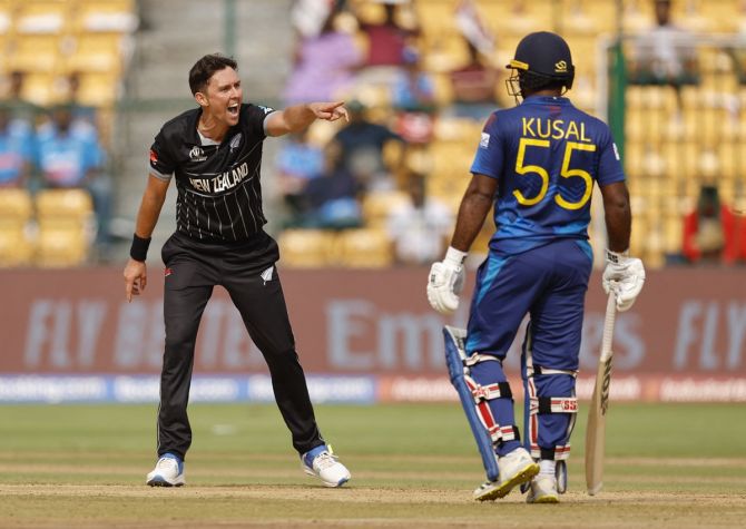 New Zealand pacer Trent Boult appeals successfully for the wicket of Sri Lanka's Charith Asalanka