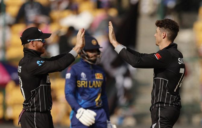 Mitch Santner celebrates the wicket of Angelo Mathews