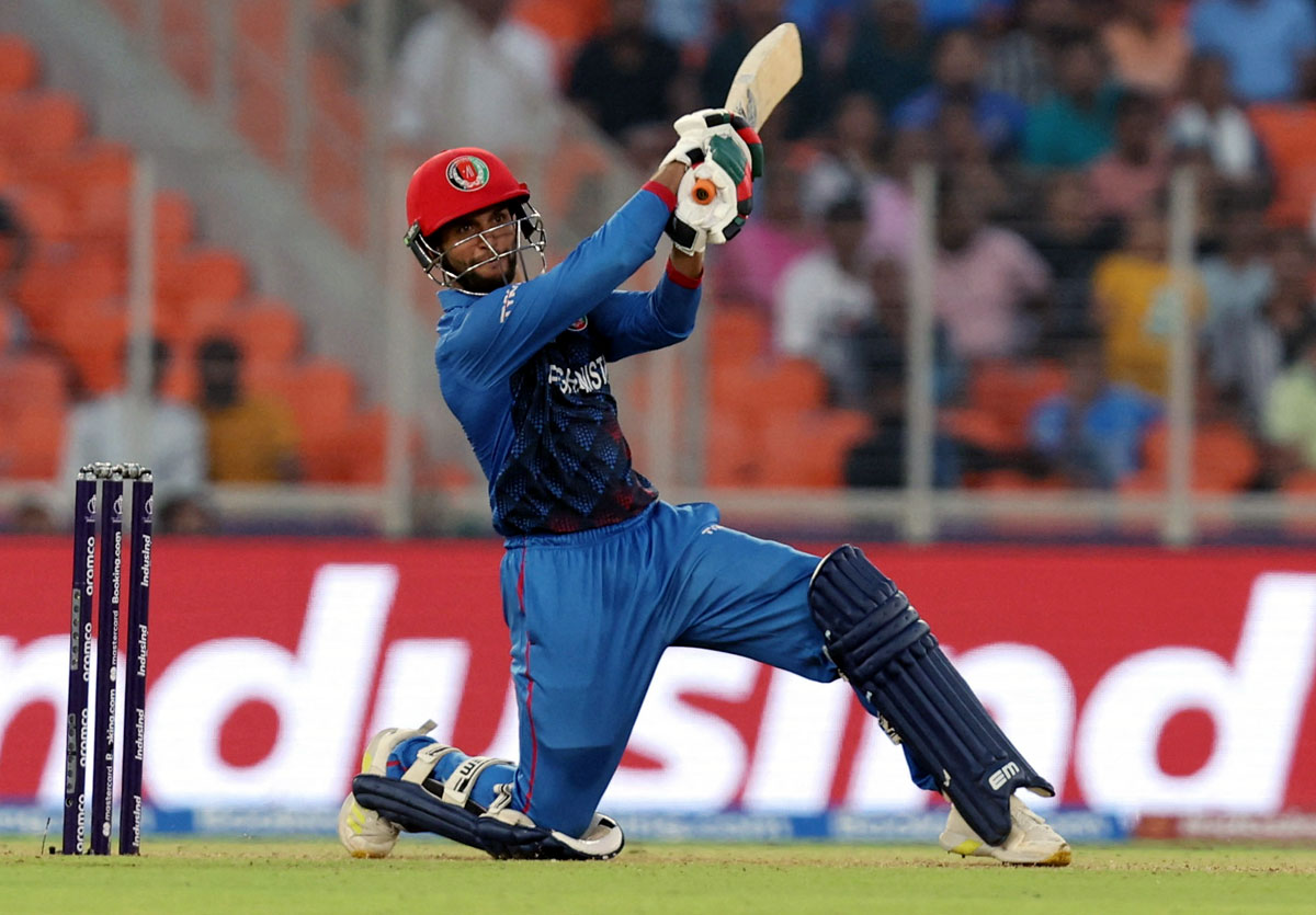 Afghanistan's Azmatullah Omarzai missed out on a hundred by three runs, scoring 7 fours and 3 sixes in his 107-ball knock against South Africa, in Ahmedabad, on Friday.