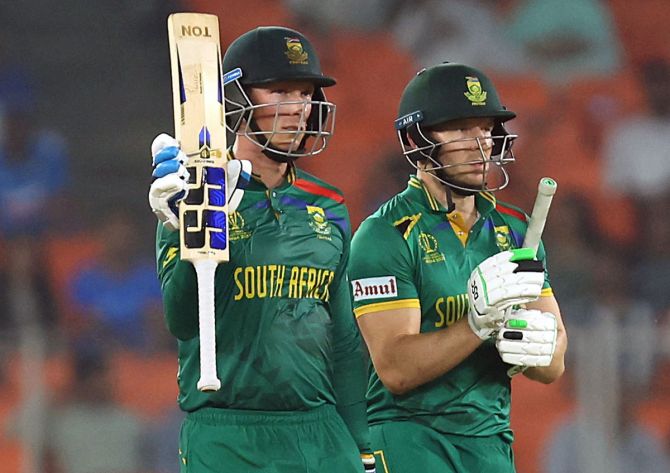 South Africa's Rassie van der Dussen celebrates scoring a half century during the ICC World Cup match agaimst Afghanistan in Ahmedabad on Friday. 