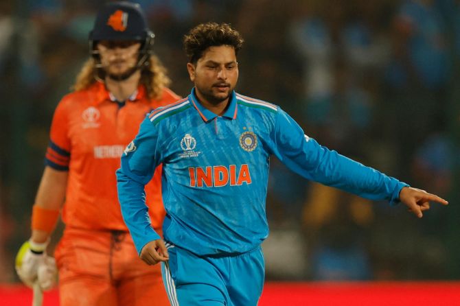 India's Kuldeep Yadav celebrates after taking the lbw wicket of Netherlands' Colin Ackermann 
