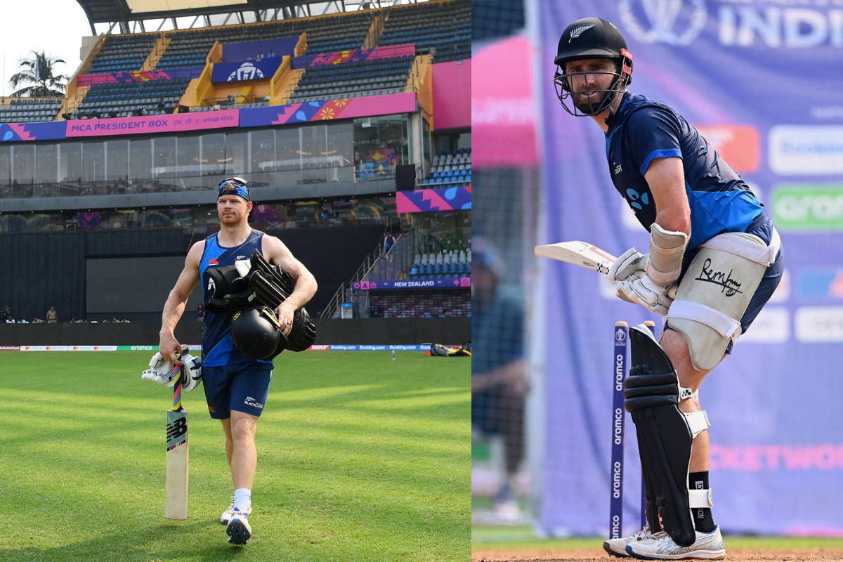 New Zealand's Glenn Phillips and Kane Wiliamson at nets practice at the Wankhede in Mumbai on Tuesday