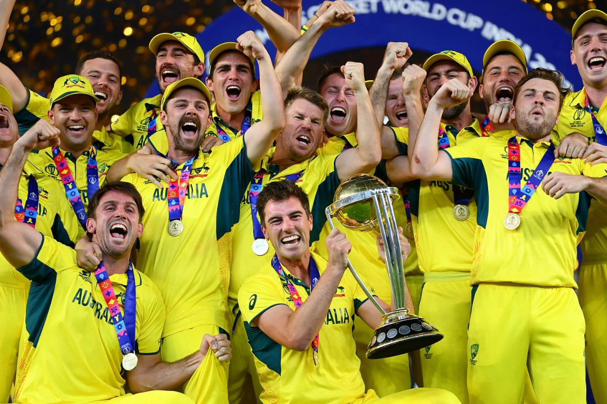The Australian cricket team celebrates winning the ICC World Cup on Sunday