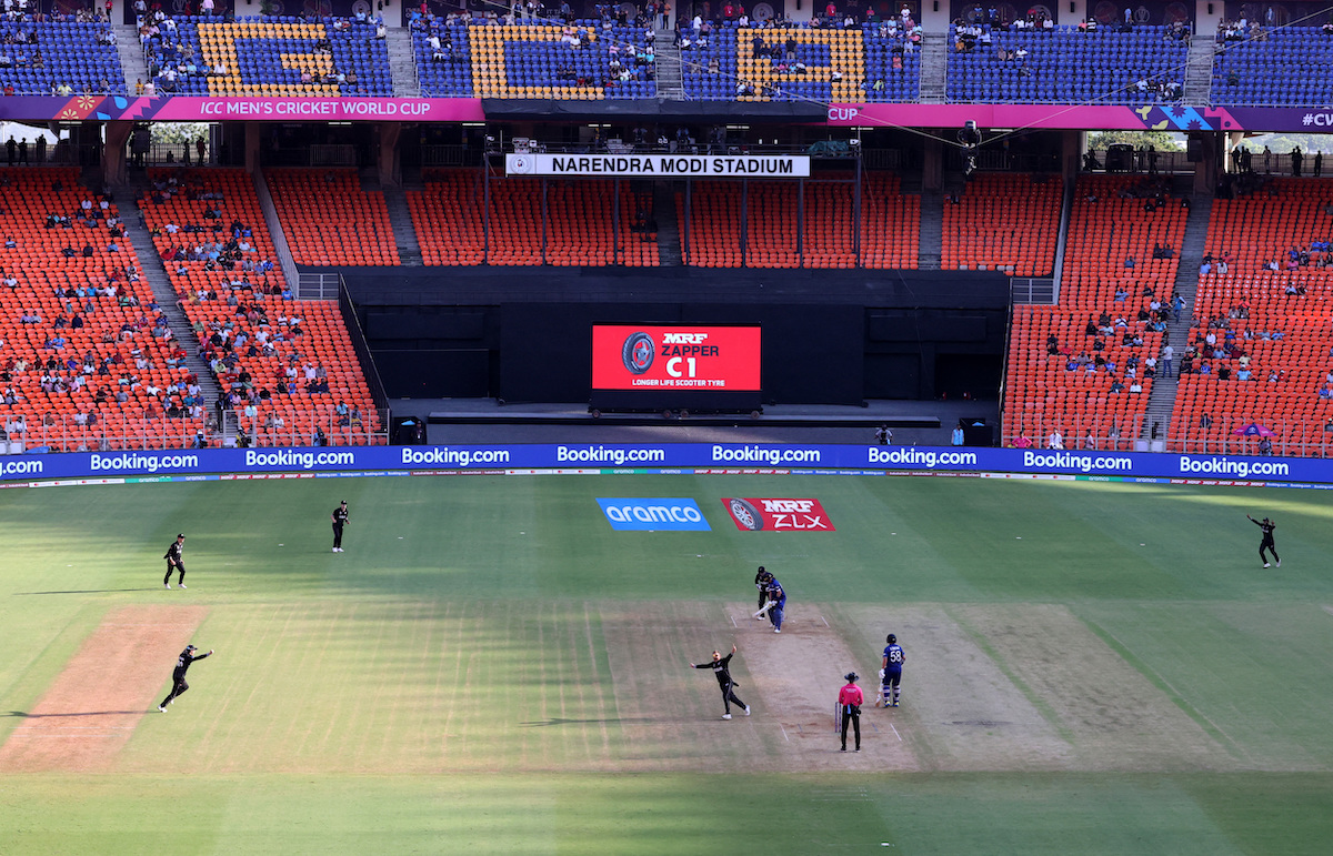 The Modi stadium wore a deserted look during the ICC World Cup opening match between England and New Zealand in Ahmedabad on Thursday
