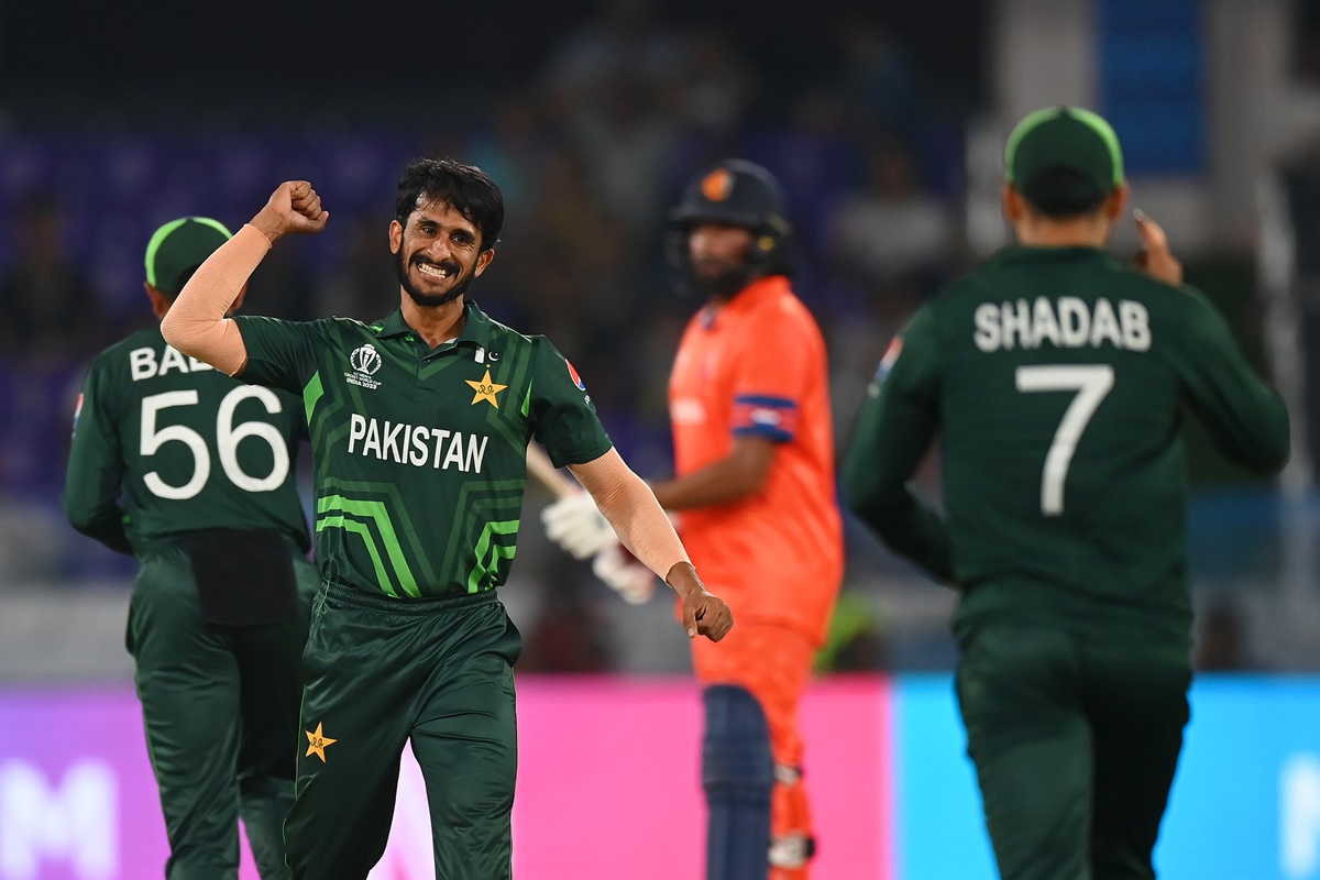 Pakistan's Hasan Ali celebrates on dismissing Netherlands opener Max Odowd