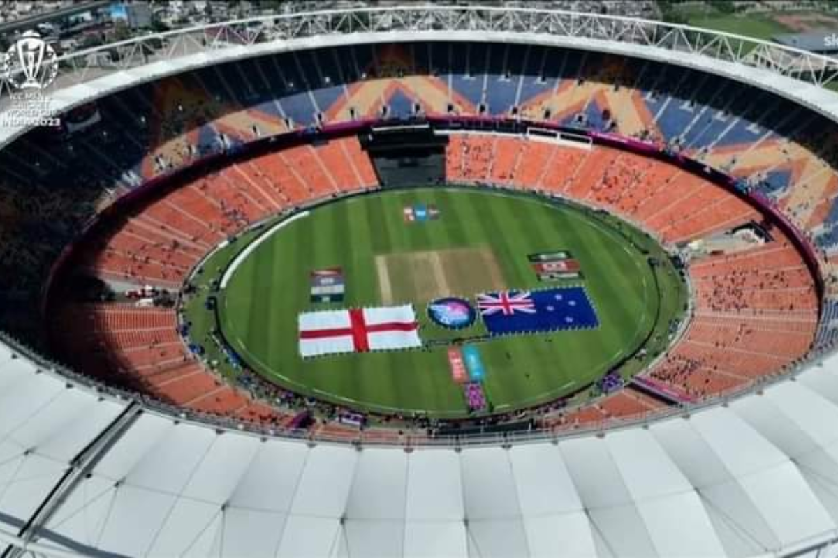 A screen shot of an aerial view of the Narendra Modi Stadium 