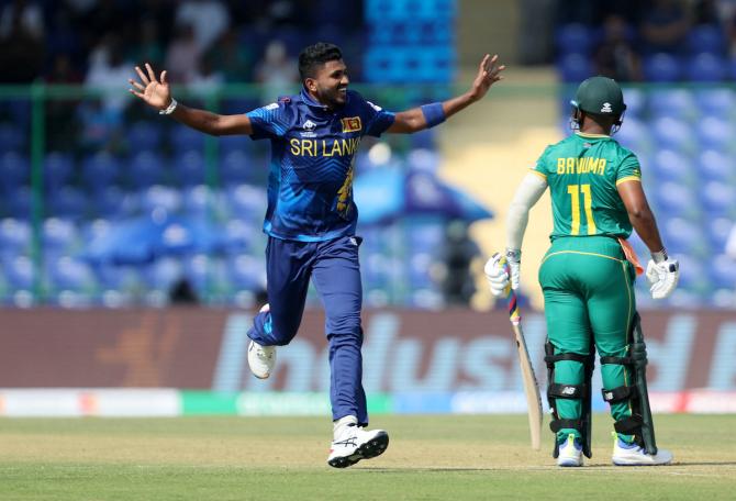 Dilshan Madhushanka celebrates after dismissing Temba Bavuma