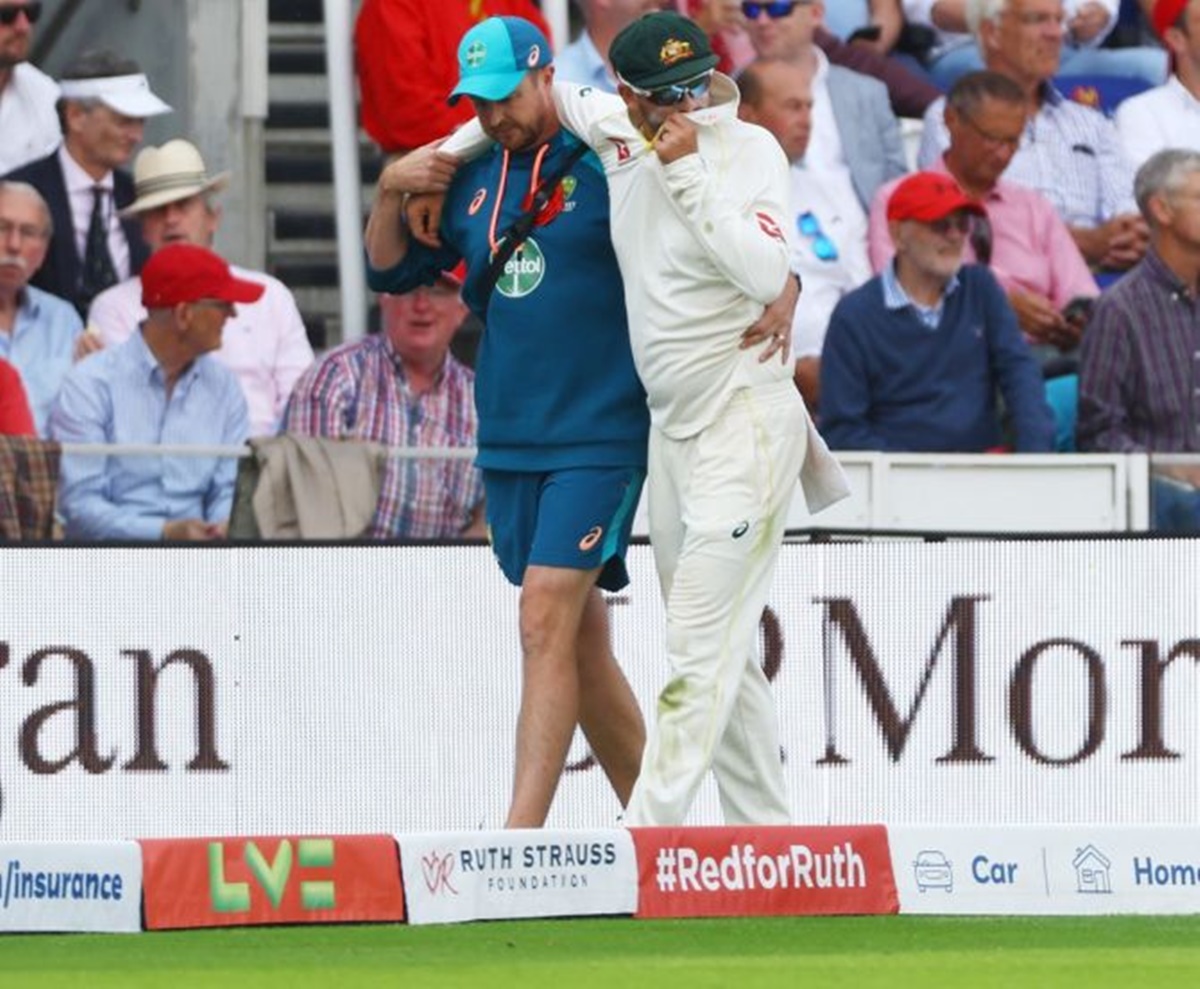 Australia's Nathan Lyon is helped off the field after sustaining an injury during Day 2 of the second Ashes Test in July.