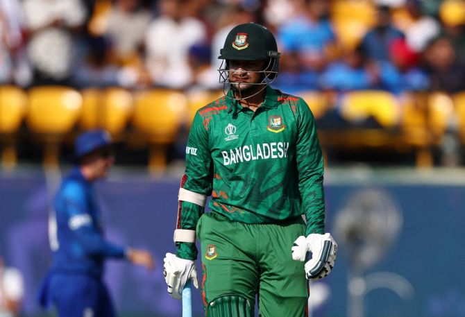 Bangladesh's Shakib Al Hasan reacts after getting bowled out by England's Reece Topley