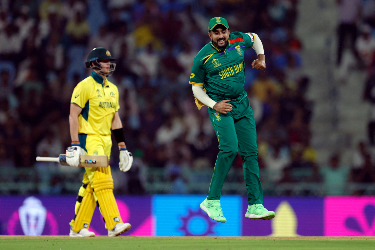 South Africa's Tabraiz Shamsi celebrates as Australia's Steven Smith was declared out LBW after the Proteas took the review.