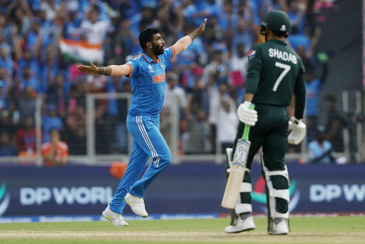 Jasprit Bumrah celebrates dismissing Pakistan's Shadab Khan during the ICC World Cup 2023 match at the Narendra Modi Stadium, in Ahmedabad, on Saturday.