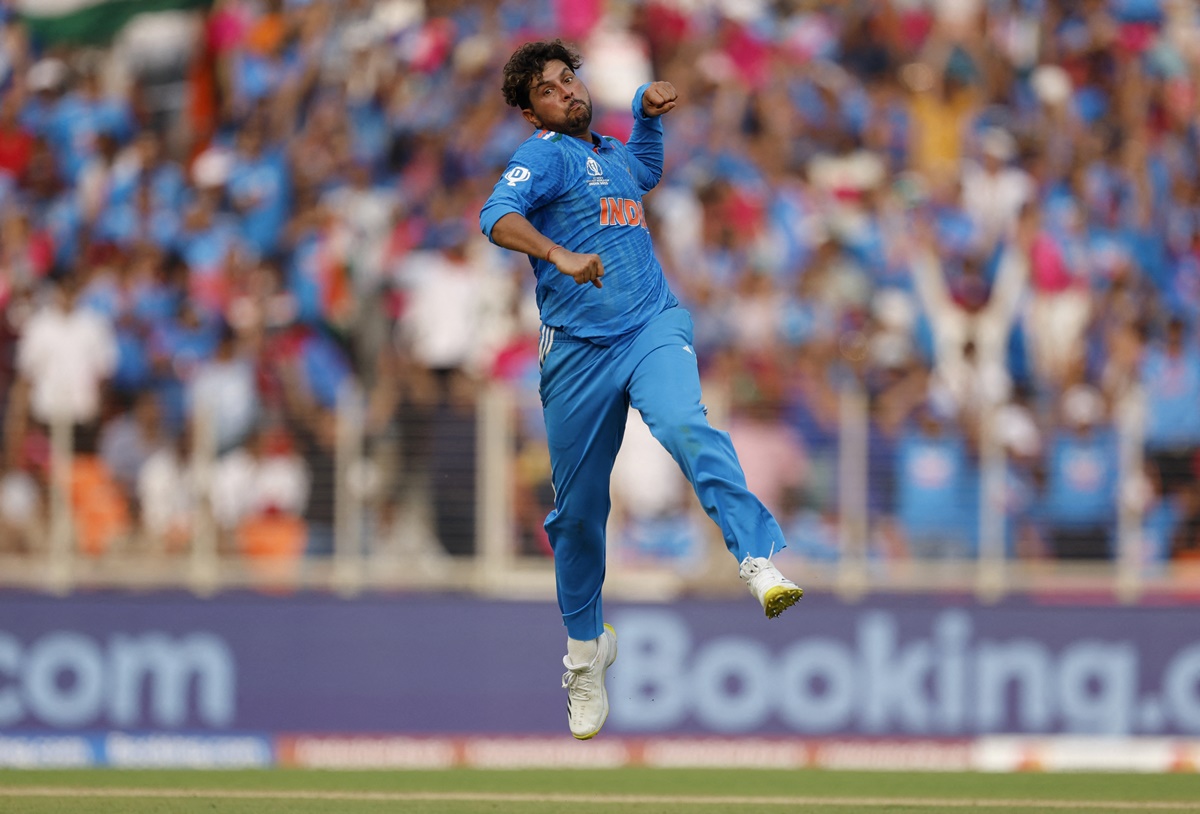 Kuldeep Yadav celebrates after taking the wicket of Pakistan's Iftikhar Ahmed during the ICC World Cup match in Ahmedabad on Saturday.