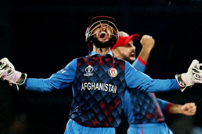 Afghanistan's Ikram Alikhil celebrates after Rashid Khan bowls out England's Mark Wood to win the match 