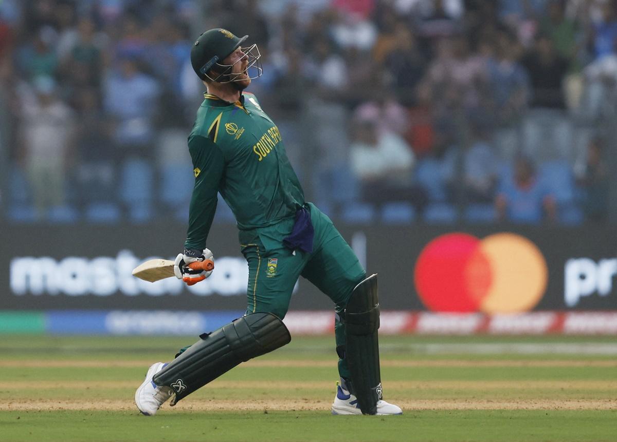 South Africa's Heinrich Klaasen celebrates completing his hundred in the ICC World Cup match against England in Mumbai on Saturday.