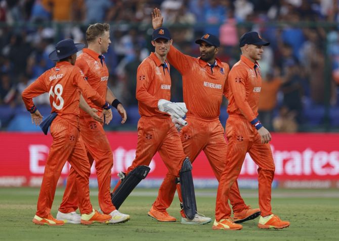 Netherlands' Logan van Beek celebrates with teammates after taking the wicket of Australia's David Warner, caught by Aryan Dutt