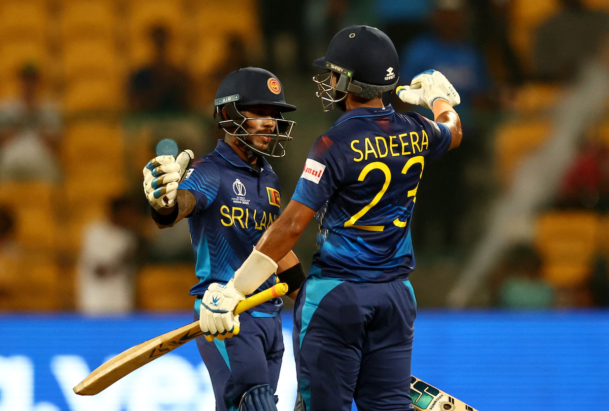 Sadeera Samarawickrama and Pathum Nissanka celebrate after Sri Lanka's thumping victory over England in the ICC World Cup match in Bengaluru on Thursday.