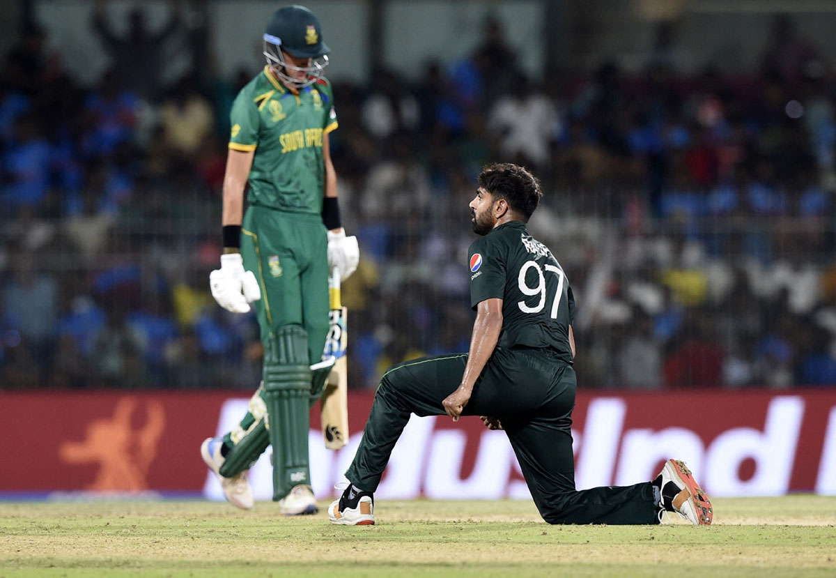 Haris Rauf celebrates dismissing Marco Jansen, caught by Babar Azam