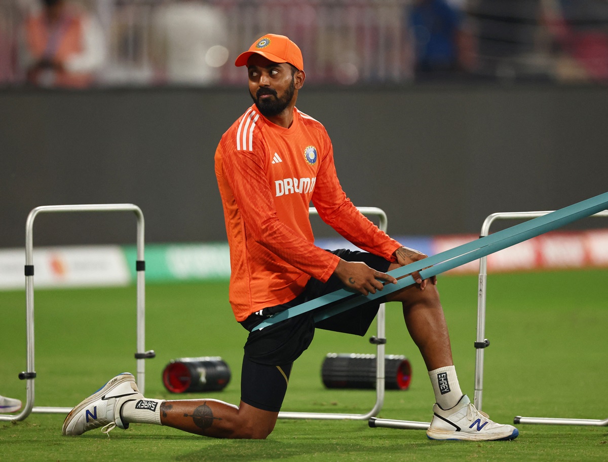 K L Rahul works out during Team India’s training session at the Ekana Cricket Stadium, in Lucknow, on Saturday.