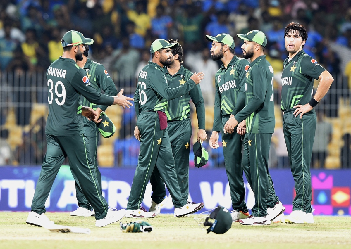 Pakistan players watch in disbelief as Keshav Maharaj and Tabraiz Shamsi clinch victory for South Africa in the World Cup match in Chennai on Friday. 