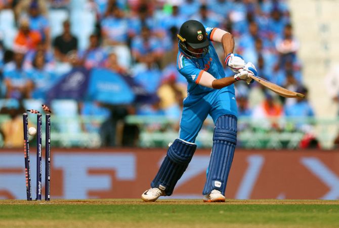 Shubman Gill is bowled out by Chris Woakes