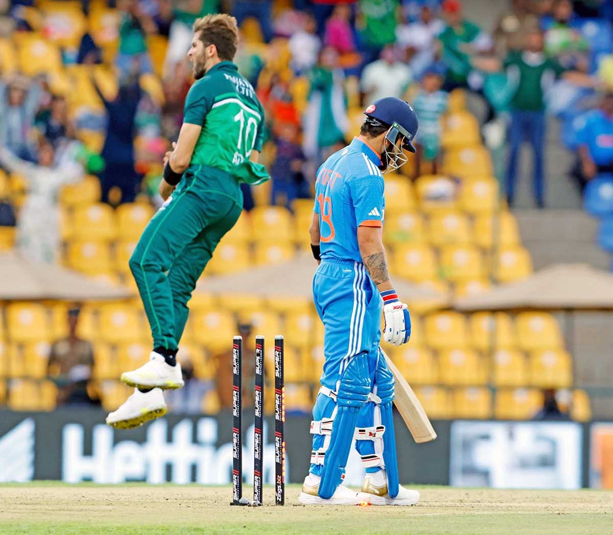 Shaheen Afridi celebrates the wicket of Virat Kohli