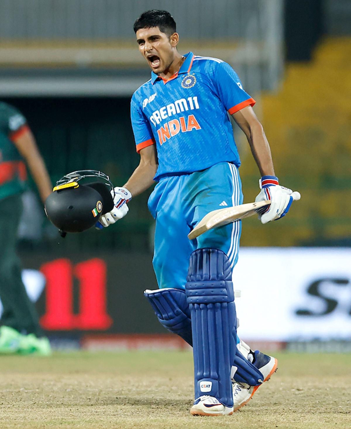 Shubman Gill celebrates his century during their Asia Cup Super Fours match against Bangladesh, at R.Premadasa Stadium, in Colombo, on Friday. 