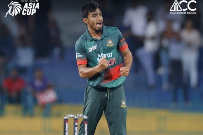 Bangladesh's debutant pacer Tanzim Hasan Saqib celebrates dismissing India opener Rohit Sharma in the Asia Cup Super Fours match in Colombo on Friday.