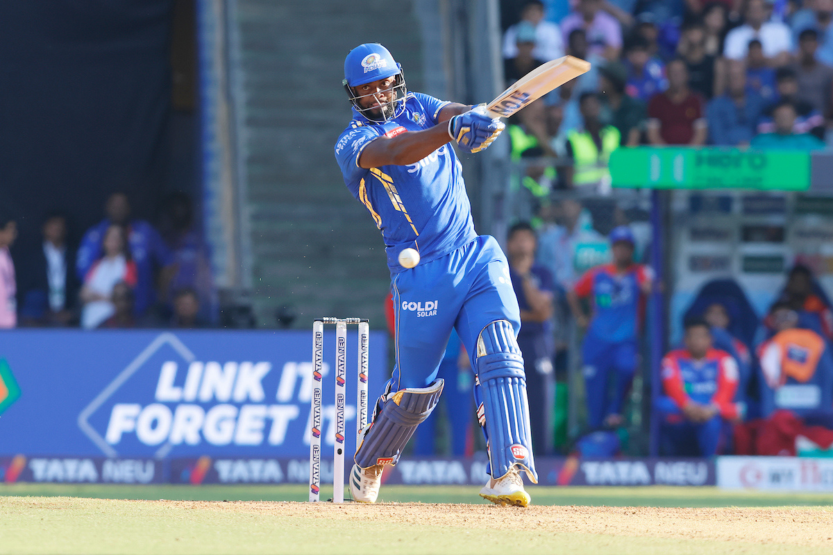 Mumbai Indians' Romario Shepherd hammered DC bowler Anrich Nortje for 32 runs in the last over of their innings