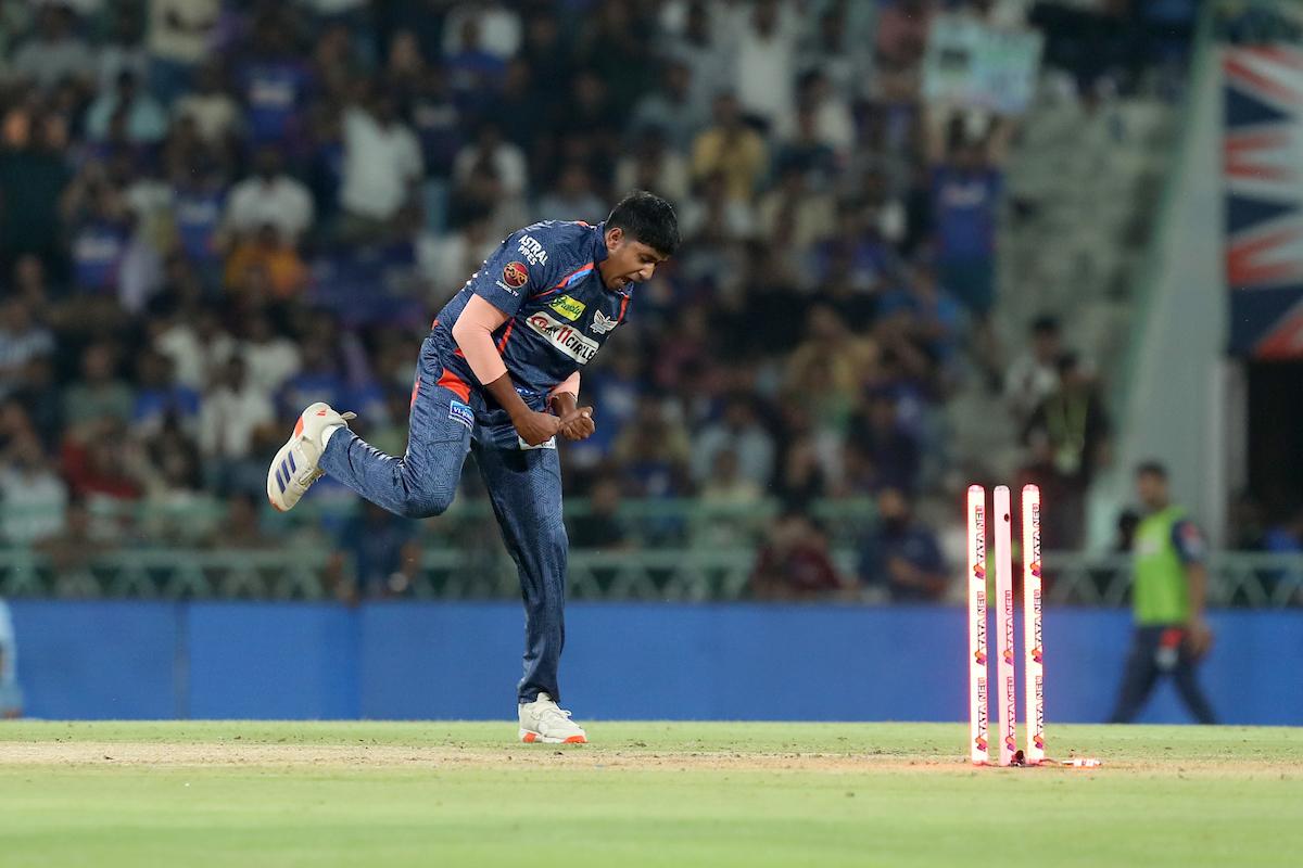 Lucknow Super Giants pacer Yash Thakur celebrates the wicket of Gujarat Titans opener Shubman Gill during the IPL match at the Bharat Ratna Shri Atal Bihari Vajpayee Ekana Cricket Stadium, in Lucknow, on Sunday.