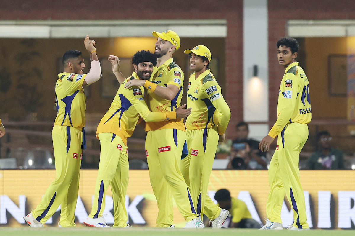 Ravindra Jadeja celebrates the wicket of Venkatesh Iyer. 