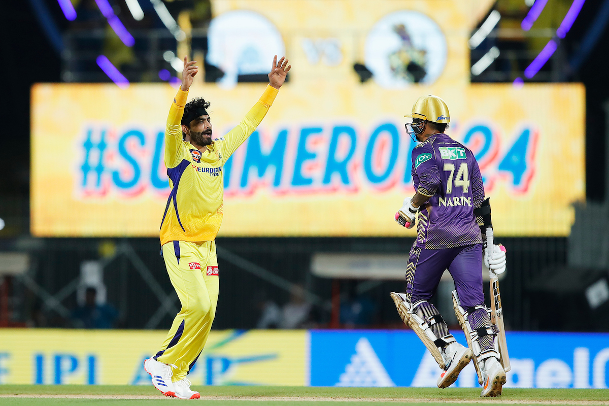 Ravindra Jadeja celebrates after removing Angkrish Raghuvanshi on his very first ball. 