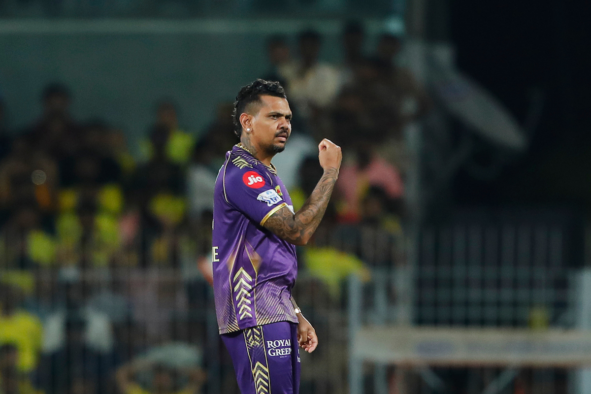 Sunil Narine celebrates the wicket of Daryl Mitchell. 