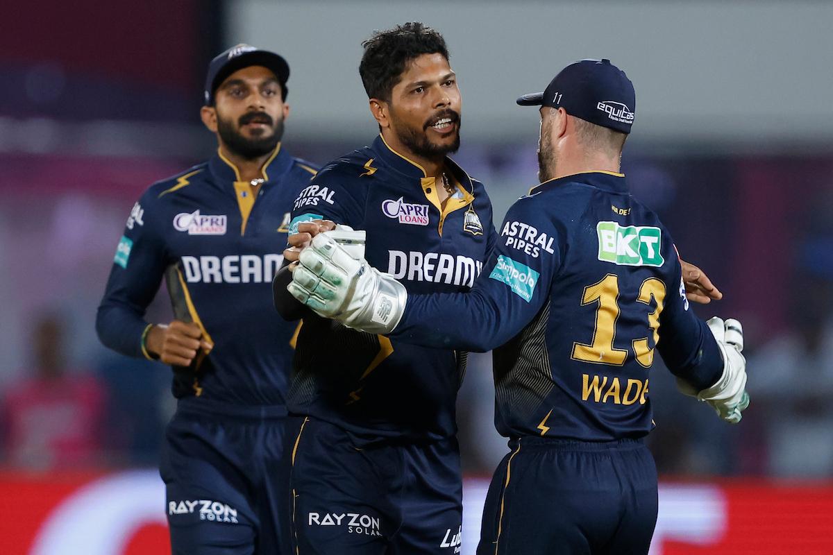 Umesh Yadav celebrates after dismissing Rajasthan Royals opener Yashasvi Jaiswal