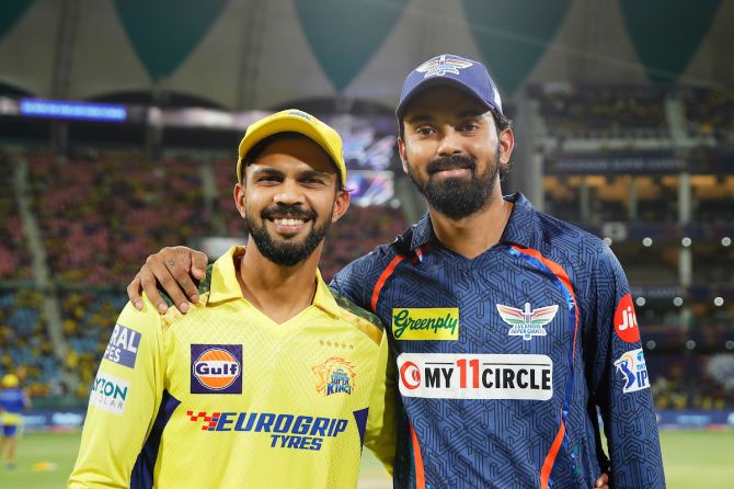 Skippers Ruturaj Gaikwad and K L Rahul before the start of the IPL match between Chennai Super Kings and Lucknow Super Giants in Lucknow on Friday.