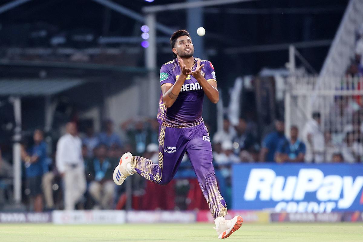 Kolkata Knight Riders' Harshit Rana takes the return catch to controversially dismiss RCB's Virat Kohli on Sunday