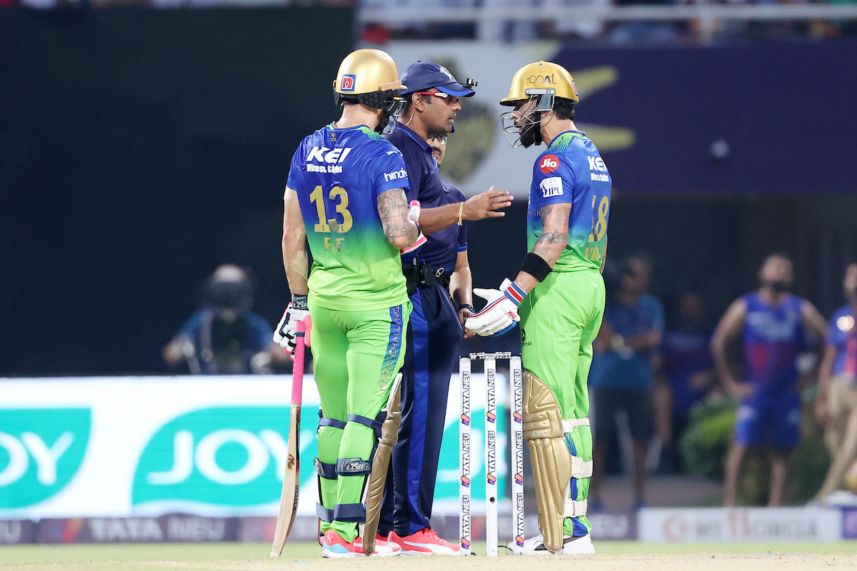 Virat Kohli remonstrates with umpires after his controversial dismissal against Kolkata Knight Riders in Kolkata on Sunday