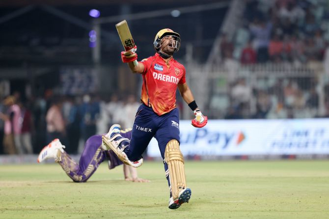 Shashank Singh celebrates after Punjab Kings pull off a world record chase of 262 against a Kolkata Knight Riders in the IPL match in Kolkata on Friday