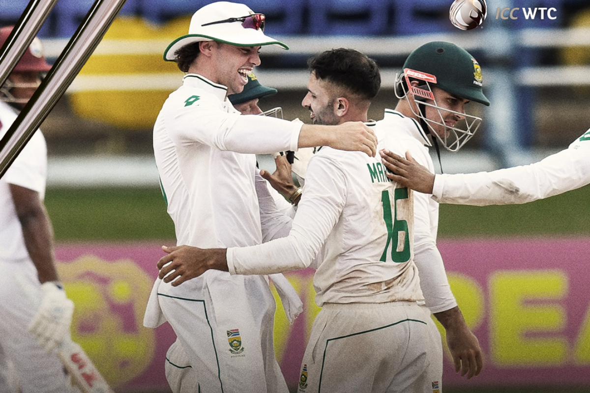 Keshav Maharaj celebrates a West Indies wicket