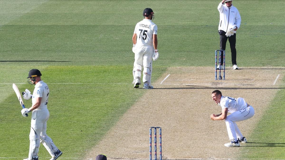 England's Brydon Carse celebrates the wicket of New Zealand's Nathan Smith during the opening Test on Sunday 