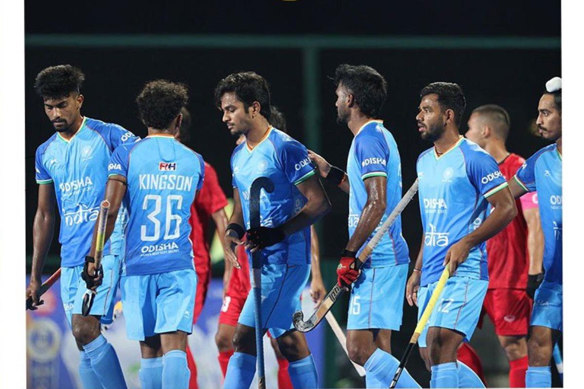 India players celebrate a goal during their semi-final against Malaysia, on Tuesday