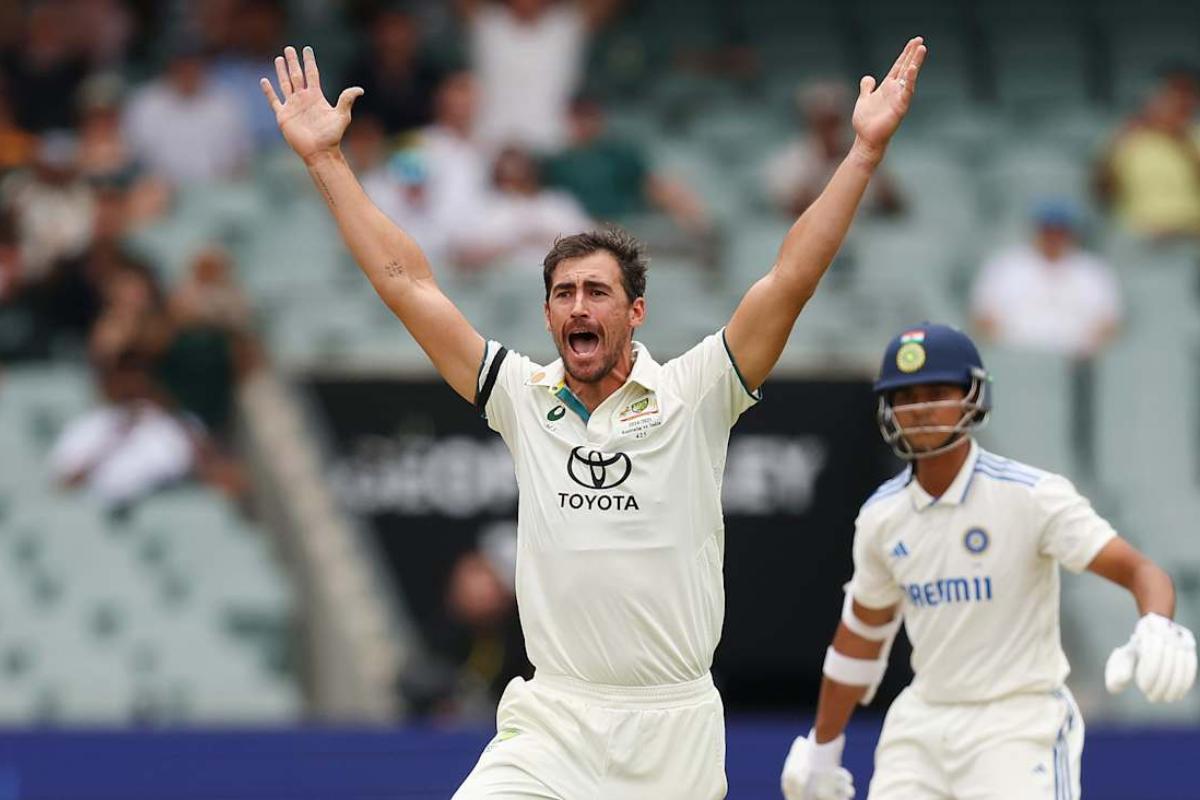 Mitchell Starc appeals for the wicket of Yashasvi Jaiswal on Day 1 of the pink ball 2nd Test in Adelaide on Friday