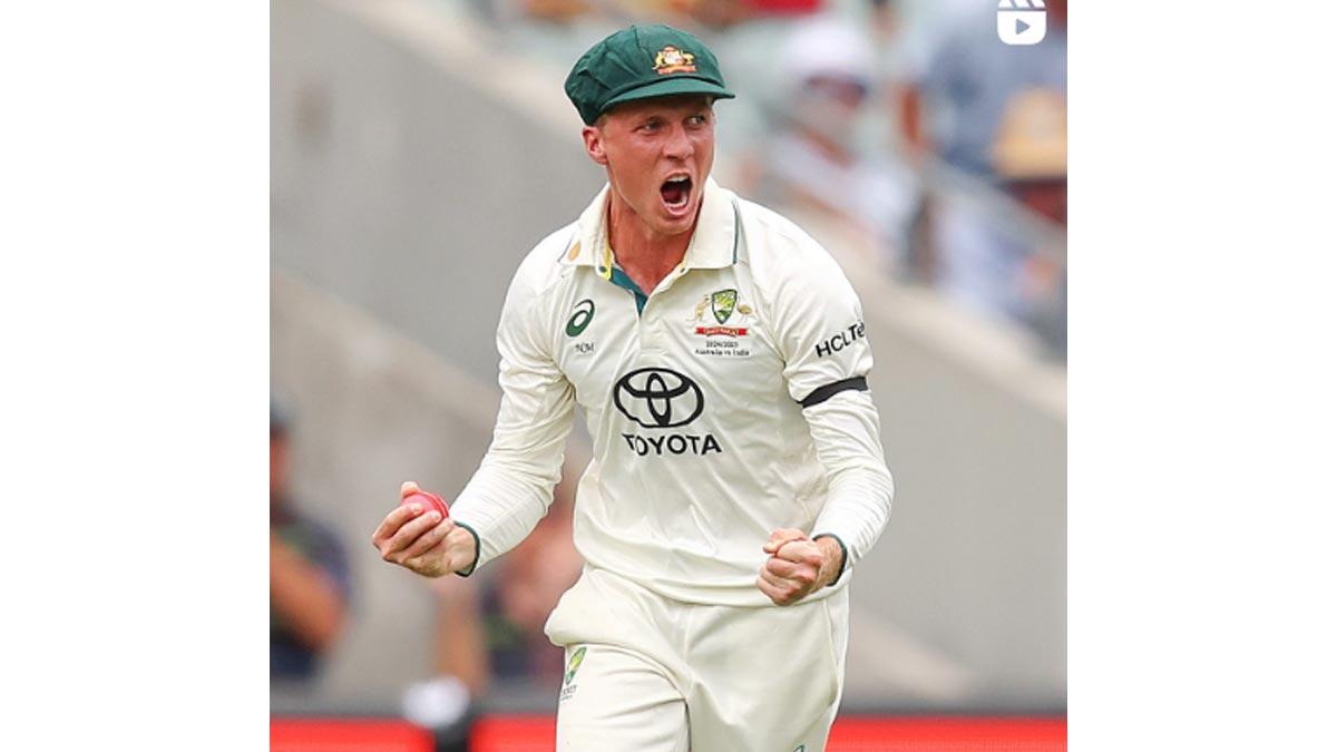 Nathan McSweeney celebrates after taking the catch to dismiss K L Rahul.