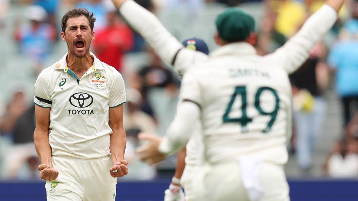 Australia pacer Mitchell Starc celebrates with teammates after bagging his sixth wicket in India's first innings on Day 1 of the 'Pink-ball' second Test in Adelaide on Friday.